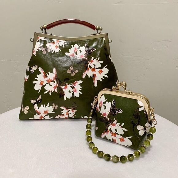 Handmade Genuine Leather Floral Print, Vintage Style Double Kisslock Handbag Set - Picture 2 of 16